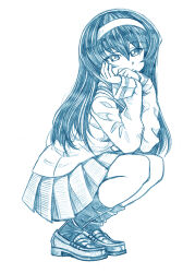 Rule 34 | 1girl, bbb (friskuser), blouse, blue theme, closed mouth, commentary, full body, girls und panzer, hairband, half-closed eyes, head rest, light frown, loafers, long hair, long sleeves, looking at viewer, miniskirt, monochrome, neckerchief, ooarai school uniform, pleated skirt, reizei mako, sailor collar, school uniform, serafuku, shirt, shoes, skirt, socks, solo, squatting