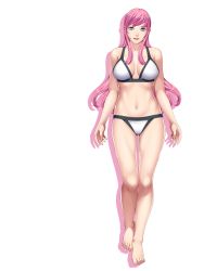 Rule 34 | 1girl, barefoot, bikini, blue eyes, bra, breasts, cleavage, closed game, empress (studio), feet, game cg, highres, lacey mallett, large breasts, legs, lipstick, long hair, looking at viewer, navel, open mouth, panties, pink hair, pink lips, pink lips, sei shoujo, smile, solo, standing, swimsuit, thighs, toes, transparent background, underwear