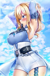 Rule 34 | 1girl, armpits, belt, black belt, blonde hair, blue eyes, blush, breasts, chain, cloud, commentary, detached sleeves, english commentary, genshin impact, hair tie in mouth, high-waist shorts, highres, jean (genshin impact), jean (sea breeze dandelion) (genshin impact), lens flare, looking down, medium breasts, medium hair, mouth hold, shorts, skirt, sky, solo, tying hair, white shorts, white skirt, zero130