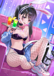 Rule 34 | 1girl, animal ears, bare shoulders, between legs, bikini, black bikini, black choker, black hair, blue jacket, bow, bowtie, breasts, chair, choker, cleavage, cup, drinking glass, dutch angle, fake animal ears, fake tail, fang, hair ornament, hairband, hairclip, hand between legs, hand up, jacket, long hair, long sleeves, looking at viewer, medium breasts, midriff, naughty face, navel, nima (niru54), off shoulder, open clothes, open jacket, open mouth, original, purple bikini, rabbit ears, rabbit tail, red eyes, shiny swimsuit, shoes, sitting, smile, sneakers, solo, stomach, strapless, strapless bikini, swimsuit, tail, tongue, tongue out, tray, tube top, twintails, underboob, white footwear, wristband, x hair ornament