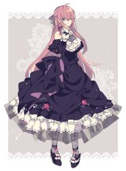 Rule 34 | 1girl, anklet, beige background, black dress, black sleeves, blue eyes, bow, commentary, detached sleeves, dress, earrings, floral background, flower earrings, frilled dress, frills, full body, grey background, hair bow, hand up, jewelry, long hair, looking at viewer, megurine luka, one eye closed, pink hair, smile, solo, standing, strapless, strapless dress, very long hair, vocaloid, wrist cuffs, yoshiki