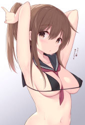 Rule 34 | 1girl, :o, adjusting hair, alternate breast size, armpits, arms up, between breasts, bikini, black bikini, black sailor collar, blush, breasts, brown eyes, brown hair, cleavage, covered erect nipples, gradient background, grey background, highres, inazuma (kancolle), kantai collection, large breasts, long hair, looking at viewer, medium breasts, micro bikini, navel, neckerchief, parted lips, ponytail, red neckerchief, sailor collar, short hair, solo, sweat, swimsuit, tying hair, upper body, watanon (gakushokutei)