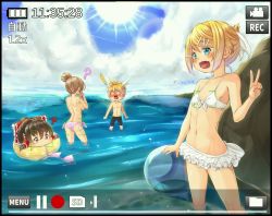 Rule 34 | 1boy, 3girls, ?, backboob, battery indicator, bikini, bikini skirt, black jammers, black male swimwear, blonde hair, blue eyes, blue sky, blush, bow, breasts, brother and sister, brown eyes, brown hair, cevio, cloud, commentary request, day, feet out of frame, frilled bow, frilled hair tubes, frills, hair bow, hair bun, hair ornament, hair tubes, hairclip, hakurei reimu, highres, horizon, innertube, jammers, kagamine len, kagamine rin, kitsunerider, large breasts, looking at another, looking at viewer, male swimwear, multiple girls, nose blush, ocean, open mouth, outdoors, pink bikini, recording, red bow, satou sasara, short hair, siblings, sky, small breasts, smile, sun, sunlight, swept bangs, swim ring, swimsuit, touhou, twins, v, viewfinder, vocaloid, water, white bikini, yukkuri shiteitte ne