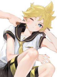 Rule 34 | 1boy, bass clef, black collar, black shorts, blonde hair, blue eyes, cheek poking, collar, collarbone, collared shirt, commentary, kagamine len, looking at another, male focus, nail polish, naoko (naonocoto), necktie, one eye closed, out of frame, poking, sailor collar, school uniform, shirt, short ponytail, short sleeves, shorts, shoulder tattoo, sitting, spiked hair, tattoo, vocaloid, white background, white shirt, yellow nails, yellow neckwear
