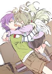 Rule 34 | 1boy, 1girl, aged down, angel wings, brown shorts, brown skirt, brown sweater, child, closed eyes, fake halo, fake wings, green hair, green shirt, hairband, halo, happy, highres, hug, iwatnc, kamishiro rui, kusanagi nene, layered sleeves, long sleeves, low twintails, multicolored hair, open mouth, project sekai, purple hair, shirt, short over long sleeves, short sleeves, shorts, skirt, socks, streaked hair, sweater, twintails, white hairband, white socks, wings