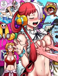 Rule 34 | 2girls, 2others, 3boys, asphyxiation, bakcheomduk, blush, grabbing another&#039;s breast, breasts, brook (one piece), drowning, grabbing, highres, jinbe (one piece), large breasts, laughing, long hair, monkey d. luffy, multicolored hair, multiple boys, multiple girls, multiple others, nami (one piece), one piece, pervert, red hair, top-down bottom-up, upside-down, usopp, uta (one piece), water, white hair