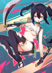 Rule 34 | 1girl, absurdres, armor, ass, black gloves, black hair, black skirt, black thighhighs, blush, breasts, brown eyes, cleavage, collarbone, covered erect nipples, gloves, highres, holding, holding sword, holding weapon, katana, looking at viewer, panties, sandals, sarashi, sheath, single glove, skirt, solo, sword, thighhighs, torn clothes, torn skirt, torn thighhighs, twintails, underwear, weapon, white panties, wulazula