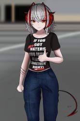 Rule 34 | 1girl, absurdres, alternate costume, antennae, arknights, black shirt, blue pants, blurry, blurry background, clenched hand, clothes writing, collarbone, commentary, demon girl, denim, english text, highres, horns, iridescentpearl, jeans, looking at viewer, orange eyes, pants, photo-referenced, shirt, short hair, short sleeves, silver hair, smile, solo, standing, t-shirt, tail, thumbs up, w (arknights)
