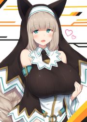 Rule 34 | 1girl, animal ears, bad id, bad twitter id, bare shoulders, blush, bombergirl, breasts, brown hair, fake animal ears, green eyes, happy, highres, huge breasts, long hair, looking at viewer, mukuba, nun, open mouth, sepia belmont, smile, solo, solo focus