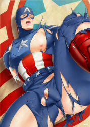 Rule 34 | 1boy, avengers (series), bara, belt, blue belt, blue bodysuit, blue eyes, blush, bodysuit, boots, captain america, gluteal fold, highres, large pectorals, lying, male focus, marvel, mask, multicolored bodysuit, multicolored clothes, muscular, muscular male, mxsxe, nipples, on back, open mouth, pectorals, red bodysuit, solo, steve rogers, testicles, thick thighs, thighs, torn bodysuit, torn clothes, white bodysuit