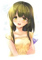 Rule 34 | 1girl, alternate costume, brown eyes, character name, clannad, commentary request, dress, green hair, happy birthday, highres, ibuki fuuko, jewelry, long hair, looking at viewer, necklace, open mouth, satomi yoshitaka, simple background, smile, solo, teeth, upper body, upper teeth only, white background, yellow dress