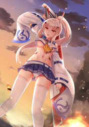 Rule 34 | 1girl, ayanami (azur lane), azur lane, bad id, bad pixiv id, blonde hair, breasts, cloud, cloudy sky, commentary request, detached sleeves, from below, hair ornament, hairclip, highres, holding, holding sword, holding weapon, long hair, looking at viewer, looking down, medium breasts, mirufuaa, navel, open mouth, panties, pantyshot, petals, pleated skirt, ponytail, red eyes, remodel (azur lane), school uniform, serafuku, skirt, sky, solo, standing, sword, thighhighs, twilight, underboob, underwear, weapon, white panties, white thighhighs, wide sleeves, wind, zettai ryouiki