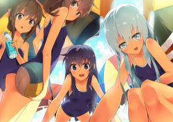 Rule 34 | 10s, 4girls, :d, :o, akatsuki (kancolle), ball, bare shoulders, beach umbrella, beachball, blue eyes, blue hair, blue one-piece swimsuit, blue school swimsuit, blue sky, bottle, breasts, brown eyes, brown hair, competition school swimsuit, day, flat chest, folded ponytail, from below, hair ornament, hairclip, hibiki (kancolle), holding, holding ball, ikazuchi (kancolle), inazuma (kancolle), kantai collection, long hair, looking at viewer, multiple girls, no headwear, one-piece swimsuit, open mouth, school swimsuit, short hair, sky, small breasts, smile, squatting, swimsuit, tomato (lsj44867), umbrella, volleyball (object), water bottle
