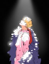 Rule 34 | 1boy, black background, black coat, blonde hair, cigarette, coat, collared shirt, commentary, cowboy shot, donquixote rocinante, facial mark, feather coat, heart, heart print, hood, looking up, male focus, one piece, pink shirt, raine (acke2445), shirt, short hair, simple background, solo