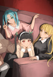 Rule 34 | 3girls, absurdres, aqua hair, black dress, black hair, blonde hair, brown dress, closed mouth, couch, dress, expressionless, gradient background, green eyes, green ribbon, hachikuji mayoi, hair ribbon, hairband, hands on own cheeks, hands on own face, head rest, highres, hikimayu, light blush, light smile, long hair, long sleeves, looking at viewer, lying, lying on person, monogatari (series), multiple girls, nemo ringo, no headwear, on couch, on stomach, ononoki yotsugi, oshino shinobu, pantyhose, pink dress, pointy ears, red background, red eyes, ribbon, short eyebrows, short sleeves, sidelocks, sitting, smile, thick eyebrows, twintails, v, white hairband, white pantyhose, wide sleeves, yellow eyes