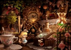 Rule 34 | 1girl, bag, black hat, blonde hair, blue dress, blue eyes, bottle, bow, brown footwear, cat, chair, chibi, clock, cup, doily, dress, fire, flower, hair ribbon, hat, holding, hourglass, jewelry box, lamp, long sleeves, looking to the side, mary janes, mirror, nekoita, original, own hands together, parted lips, pink flower, pink rose, plant, pocket watch, profile, rabbit, red bow, ribbon, roman numeral, rose, saucer, scepter, shoes, standing, steam, teacup, teaspoon, top hat, tree, watch, white ribbon
