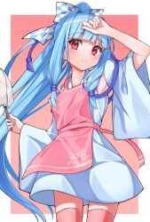 Rule 34 | 1girl, apron, blue bow, blue hair, bow, checkered bow, checkered clothes, dress, hair bow, high ponytail, highres, holding, kotonoha aoi, long hair, open mouth, pink apron, pink thighhighs, red eyes, solo, thighhighs, timtim (tim99292), very long hair, voiceroid, white bow, white dress