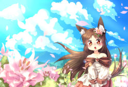 Rule 34 | 1girl, animal ears, bare shoulders, blue sky, blush, brooch, brown eyes, brown hair, cloud, day, field, flower, flower field, hair flower, hair ornament, imaizumi kagerou, jewelry, long hair, long sleeves, open mouth, petals, shirt, skirt, sky, solo, tail, touhou, very long hair, volcano (liao), werewolf, wind, wolf ears, wolf tail, aged down