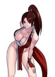 Rule 34 | 1girl, 78 (tky8), bare arms, bare legs, bare shoulders, breasts, brown eyes, brown hair, cleavage, closed mouth, collarbone, dress, eyebrows hidden by hair, fatal fury, fingerless gloves, gloves, hairband, hand on own thigh, high ponytail, large breasts, long hair, looking at viewer, no panties, parted bangs, pelvic curtain, ponytail, red dress, red gloves, serious, shiranui mai, side slit, simple background, snk, solo, standing, the king of fighters, thick thighs, thighs, white background