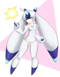 Rule 34 | 1girl, :&lt;, ahoge, bare shoulders, blue eyes, blue gemstone, blue gloves, blue hair, blue horns, breasts, chest jewel, clenched hand, closed mouth, collarbone, covered navel, dark blue hair, detached sleeves, eiharu ginhara, energy ball, forehead jewel, full body, gem, gloves, hair between eyes, highres, horns, long sleeves, lunaris (palworld), multicolored clothes, multicolored gloves, multicolored hair, multicolored horns, one-piece swimsuit, palworld, personification, school swimsuit, small breasts, solo, swimsuit, thighhighs, white gloves, white hair, white horns, white one-piece swimsuit