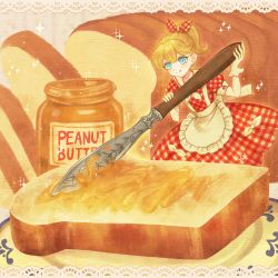 Rule 34 | 1girl, :q, apron, bad id, bad pixiv id, blonde hair, blue eyes, bow, bread, bread slice, dress, dress bow, food, food focus, gloves, hair bow, highres, holding, holding knife, knife, licking lips, loaf of bread, mini person, minigirl, original, peanut butter, plaid, plaid dress, ponytail, saigasai, single glove, solo, toast, tongue, tongue out, waist apron, white apron