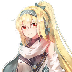 Rule 34 | 1girl, blonde hair, blush, girls&#039; frontline, grey hairband, hair between eyes, hairband, highres, long hair, looking at viewer, meow nyang, mod3 (girls&#039; frontline), ponytail, red eyes, scarf, sidelocks, simple background, smile, solo, sv-98 (girls&#039; frontline), sv-98 (mod3) (girls&#039; frontline), torn clothes, upper body, white background, white scarf