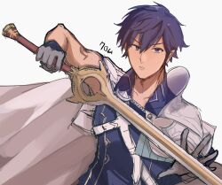 Rule 34 | 1boy, blue eyes, blue hair, cape, chrom (fire emblem), falchion (fire emblem), fire emblem, fire emblem awakening, gloves, hair between eyes, highres, holding, holding sword, holding weapon, looking at viewer, male focus, neko maru 1027, nintendo, short hair, solo, sword, upper body, weapon, white background, white cape