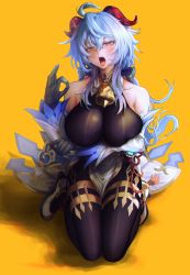 Rule 34 | 1girl, absurdres, ahoge, bare shoulders, bell, blue hair, bodystocking, breasts, detached sleeves, fang, fellatio gesture, full body, ganyu (genshin impact), genshin impact, gloves, hair between eyes, high heels, highres, horns, kneeling, large breasts, looking at viewer, moire, mudra, neck bell, nompang, open mouth, simple background, solo, teeth, tongue, tongue out, vitarka mudra, yellow background