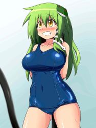 Rule 34 | 1girl, animated, animated gif, blue one-piece swimsuit, breasts, clenched teeth, crying, frog hair ornament, gradient background, green hair, hair ornament, honehone, hose, inflation, kochiya sanae, large breasts, long hair, navel, one-piece swimsuit, school swimsuit, shiny clothes, slideshow, solo, swimsuit, teeth, touhou, yellow eyes
