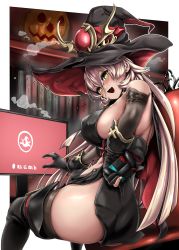 Rule 34 | 1girl, :d, ass, back, bare shoulders, black gloves, black thighhighs, blush, book, bookshelf, breasts, elbow gloves, fang, gloves, hair between eyes, hat, highres, jack-o&#039;-lantern, long hair, looking at viewer, monitor, nijisanji, nintendo switch, nui sociere, nui sociere (1st costume), open mouth, pink hair, pumpkin, sideboob, sitting, slit pupils, smile, solo, thighhighs, very long hair, virtual youtuber, witch, witch hat, yaruku, yellow eyes