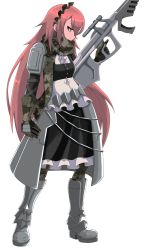 Rule 34 | 1girl, absurdres, apron, armor, armored boots, armored dress, boots, camouflage, camouflage gloves, camouflage legwear, camouflage scarf, cz2128 delta, frills, green eyes, gun, hh 101, highres, holding, holding gun, holding weapon, long hair, maid, maid headdress, overlord (maruyama), pink hair, puffy sleeves, scarf, transparent background, trigger discipline, very long hair, weapon
