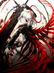 Rule 34 | 1girl, alternate hair color, arm up, ascot, back, black shirt, blood, blood on hands, chain, closed mouth, darkness, ex-rumia, eyebrows, facial mark, frills, from above, from side, hair between eyes, hair ribbon, halo, highres, holding, holding sword, holding weapon, long sleeves, looking at viewer, open \m/, outstretched arm, red eyes, red wings, ribbon, rumia, shirt, short hair, skirt, skirt set, solo, spark621, sword, touhou, vest, weapon, white hair, white skirt, white vest, wings