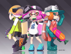 Rule 34 | 3girls, adjusting clothes, adjusting headwear, agent 4 (splatoon), ankle boots, aqua footwear, baseball cap, bike shorts, black footwear, black shorts, blue eyes, blunt bangs, boots, closed mouth, coat, coveralls, cross-laced footwear, dual wielding, fangs, from side, full body, gloves, green eyes, green footwear, green gloves, green hat, hat, headgear, highres, holding, holding weapon, ink tank (splatoon), inkling, inkling girl, inkling player character, lifebuoy, long sleeves, looking at viewer, looking back, multiple girls, nintendo, orange hair, overalls, pink hair, pointy ears, print headwear, print shirt, puchiman, red eyes, reflection, rubber boots, rubber gloves, salmon run (splatoon), shirt, shoes, short hair, shorts, single vertical stripe, sleeveless, sleeveless shirt, sneakers, splat dualies (splatoon), splatoon (series), splatoon 2, splattershot (splatoon), squidbeak splatoon, standing, swim ring, tentacle hair, twitter username, weapon, white shirt, yellow coat