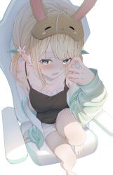 Rule 34 | 1girl, absurdres, animal ears, aqua jacket, black tank top, blonde hair, blue eyes, blush, breasts, chair, cleavage, commentary, feet, full body, gaming chair, hair ornament, hand on own face, highres, hololive, jacket, jacket partially removed, kazama iroha, leg up, medium breasts, on chair, open mouth, pajamas, rabbit, rabbit ears, rabbit hair ornament, rin (rin illust 0805), short hair, shorts, sidelocks, simple background, single off shoulder, sitting, sleep mask, solo, spaghetti strap, swept bangs, swivel chair, tank top, teeth, tongue, twintails, virtual youtuber, white background, white shorts