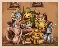 Rule 34 | blue ribbon, couch, creature, creatures (company), eevee, espeon, evolutionary line, flareon, game freak, gen 1 pokemon, gen 2 pokemon, gen 4 pokemon, gen 6 pokemon, glaceon, indoors, jolteon, leafeon, matsuri (matsuike), nintendo, no humans, one eye closed, pokemon, pokemon (creature), ribbon, sitting, sylveon, umbreon, vaporeon