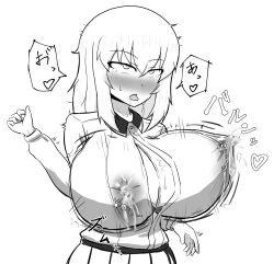 Rule 34 | 1girl, blush, bouncing breasts, breasts, bursting breasts, cleavage, covered erect nipples, cube (huidama), girls und panzer, highres, huge breasts, itsumi erika, lactation, lactation through clothes, monochrome, solo, tongue, tongue out