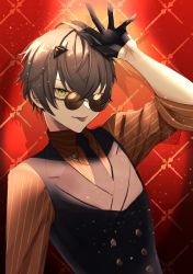 Rule 34 | 1boy, absurdres, alban knox, black gloves, black necktie, black vest, brown hair, buttons, collared shirt, collared vest, crossed bangs, double-breasted, glasses, gloves, green eyes, half gloves, hand up, highres, looking at viewer, male focus, necktie, nijisanji, nijisanji en, official alternate costume, one eye closed, peridot (periperi 8), red background, round eyewear, shirt, short hair, solo, striped clothes, striped shirt, tongue, tongue out, vertical-striped clothes, vertical-striped shirt, vest, virtual youtuber