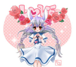 Rule 34 | 1girl, :d, animal ears, artist name, blush, bracelet, chikkuru, choker, dress, english text, female focus, flower, hair bobbles, hair ornament, heart, heart hands, jewelry, long hair, looking at viewer, open mouth, orange eyes, original, puffy short sleeves, puffy sleeves, purple hair, rabbit ears, red eyes, ribbon choker, rose, short sleeves, silver hair, simple background, smile, solo, standing, twintails, very long hair, white background, white dress