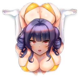 Rule 34 | 1girl, all fours, artist request, ass, azur lane, bikini, breasts, cleavage, from above, huge breasts, looking up, official alternate costume, open mouth, pola (azur lane), pola (seaside coincidence) (azur lane), purple hair, red eyes, side-tie bikini bottom, simple background, skindentation, solo, swimsuit, thighhighs, white background, white thighhighs, yellow bikini