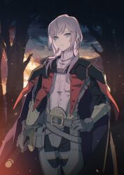 Rule 34 | 1boy, androgynous, armor, belt, belt buckle, black cape, buckle, cape, cowboy shot, fire, fire emblem, fire emblem: three houses, gloves, grey armor, grey belt, grey gloves, hand on own hip, highres, holding, holding sword, holding weapon, leather armor, long hair, long sleeves, looking at viewer, male focus, mami (apsaras), night, nintendo, parted lips, purple eyes, purple hair, shirt, solo, standing, sword, tree, vambraces, weapon, white shirt, wispy bangs, yuri leclerc