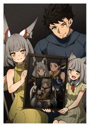 Rule 34 | 1boy, 2girls, age progression, aged down, animal ears, braid, brown hair, cat ears, dress, ear covers, facial hair, facial mark, family, fang, father and daughter, goatee, grey hair, highena, highres, husband and wife, mio (xenoblade), mother and daughter, multiple girls, nia (blade) (xenoblade), nia (xenoblade), photo (object), picture frame, rex (xenoblade), scar, scar across eye, single braid, sleeveless, turtleneck dress, very long ears, whisker markings, xenoblade chronicles (series), xenoblade chronicles 2, xenoblade chronicles 3, xenoblade chronicles 3: future redeemed, yellow eyes
