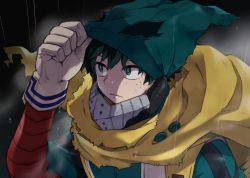 Rule 34 | 1boy, bad id, bad pixiv id, black background, black hair, blurry, blurry background, bodysuit, boku no hero academia, brown cape, cape, commentary request, freckles, gloves, green bodysuit, green eyes, green hair, grey background, hadaka (hadakavillage), hand up, hood, hood up, hooded bodysuit, long sleeves, male focus, midoriya izuku, short hair, solo, spoilers, torn cape, torn clothes, upper body, white gloves