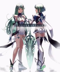 Rule 34 | 2girls, alternate color, ass, bare legs, bare shoulders, black gloves, breasts, chest jewel, cleavage, cleavage cutout, clothing cutout, cosplay, dress, earrings, elbow gloves, from behind, full body, gloves, green hair, highres, jewelry, long hair, looking at viewer, medium breasts, multiple girls, mythra (xenoblade), pito (pitosan), pneuma (xenoblade), pneuma (xenoblade) (cosplay), pyra (xenoblade), short dress, short hair, short shorts, shorts, simple background, spoilers, swept bangs, sword, thigh strap, thighhighs, tiara, translated, very long hair, weapon, white background, white dress, white footwear, white gloves, white shorts, xenoblade chronicles (series), xenoblade chronicles 2