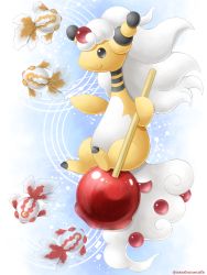Rule 34 | ampharos, artist name, candy apple, closed mouth, commentary request, creatures (company), fish, food, game freak, gen 1 pokemon, gen 2 pokemon, goldeen, grey eyes, holding, holding stick, mega ampharos, mega pokemon, nintendo, no humans, pokemon, pokemon (creature), ripples, sasabunecafe, smile, stick