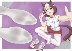 Rule 34 | 1girl, absurdres, animal ears, border, bow, braid, breasts, brown hair, commentary request, crossed legs, ear bow, feet, french braid, gym uniform, highres, horse ears, horse girl, horse tail, indian style, medium breasts, no shoes, on ground, open mouth, original race uniform (umamusume), puffy short sleeves, puffy sleeves, purple background, purple bow, purple eyes, race bib, red shorts, shirt, shoe soles, shoes, short hair, short sleeves, shorts, simple background, sitting, smile, soles, solo, special week (umamusume), tail, thighhighs, treadml, umamusume, unworn shoes, v, white border, white shirt, white thighhighs