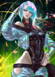 Rule 34 | 1girl, aqua eyes, aqua hair, aqua nails, bare shoulders, belt, belt pouch, black belt, black leotard, blue eyes, blue hair, breasts, city lights, cityscape, cropped jacket, cyberpunk, cyberpunk (series), cyberpunk edgerunners, cyborg, eyeliner, gradient hair, hand in own hair, hand up, jacket, leotard, logo, looking at viewer, lucy (cyberpunk), makeup, medium breasts, multicolored hair, off shoulder, open clothes, pale skin, parted bangs, pouch, red eyeliner, red lips, short hair, solo, vinrylgrave, white hair, wide hips