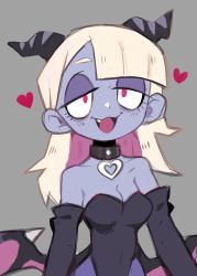 Rule 34 | 1girl, :3, bare shoulders, black leotard, blonde hair, blunt bangs, breasts, cleavage, colored inner hair, colored skin, grey background, grey skin, heart, heart pendant, highres, horns, leotard, long hair, looking at viewer, lovesick succubus (sui (suizilla)), low wings, multicolored hair, original, pantyhose, purple pantyhose, red eyes, simple background, small breasts, smile, solo, sui (suizilla), tareme, wings