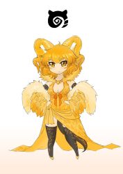 Rule 34 | 10s, 1girl, blonde hair, breasts, cleavage, closed mouth, detached sleeves, dress, elder dragon, feather boa, full body, fur trim, gooster, hands on own hips, highres, horns, japari symbol, jewelry, kemono friends, kulve taroth, long dress, monster hunter, monster hunter: world, monster hunter (series), necklace, no nose, parody, personification, short hair, solo, standing, style parody, tail, thighhighs, tsurime, yellow eyes, zettai ryouiki