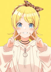 Rule 34 | 1girl, :d, black choker, blonde hair, blue eyes, blush, brown hairband, choker, commentary request, double v, drawr, floral print, grin, hachimiya meguru, hairband, highres, hood, hooded jacket, idolmaster, idolmaster shiny colors, jacket, long sleeves, looking at viewer, low twintails, oekaki, open mouth, short twintails, simple background, smile, solo, teeth, tsunakanten, twintails, upper body, v, white jacket, yellow background, zipper, zipper pull tab