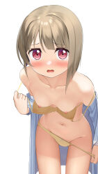 Rule 34 | 1girl, absurdres, apollo (hu maple), asymmetrical bangs, blush, bow, bow bra, bow panties, bra, bra pull, breasts, check commentary, clothes pull, collarbone, commentary request, cowboy shot, dot nose, embarrassed, frown, gluteal fold, groin, hand up, highres, leaning forward, light brown hair, long sleeves, looking at viewer, love live!, love live! nijigasaki high school idol club, nakasu kasumi, navel, nipples, off shoulder, open clothes, open shirt, panties, panty pull, partial commentary, pink eyes, pulling own clothes, shirt, short hair, simple background, small breasts, solo, standing, stomach, strap pull, tearing up, thighs, underwear, undressing, wavy mouth, white background, white shirt, yellow bra, yellow panties